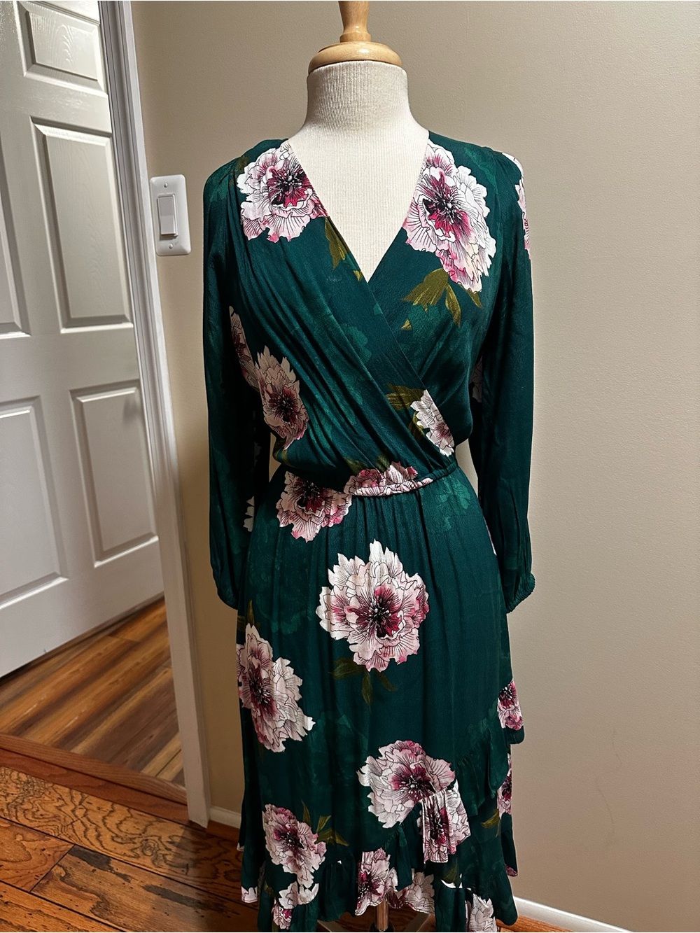 Plenty by Tracy Reese Emerald Green Floral Wrap Dress with Pink Blooms